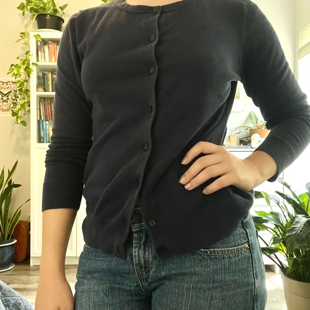 navy blue button-up cardigan
